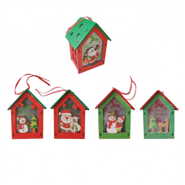 Ξύλινο κρεμαστό στολίδι σπιτάκι με φως 10 x 7cm 00001557 Χριστουγεννιάτικα Στολίδια