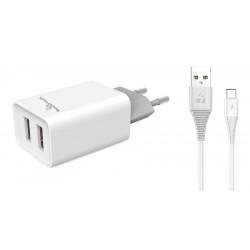 POWERTECH Φορτιστής τοίχου & καλώδιο USB Type-C PT-776, 2x USB, 2.1A Φορτιστές Κινητών
