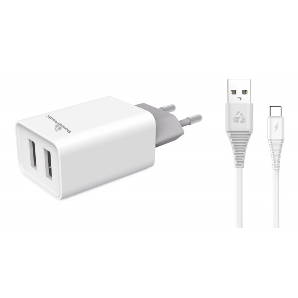 POWERTECH Φορτιστής τοίχου & καλώδιο USB Type-C PT-776, 2x USB, 2.1A Φορτιστές Κινητών