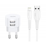 USAMS φορτιστής τοίχου T20 & καλώδιο Lightning, 2x USB, 2.1A, λευκός Φορτιστές Κινητών