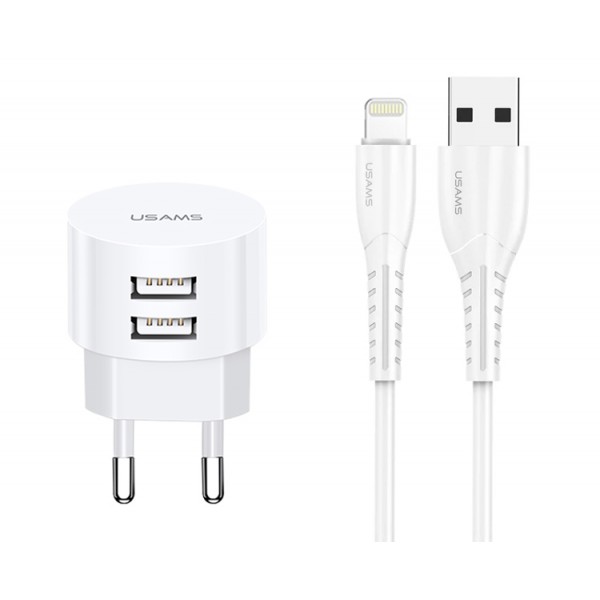 USAMS φορτιστής τοίχου T20 & καλώδιο Lightning, 2x USB, 2.1A, λευκός Φορτιστές Κινητών