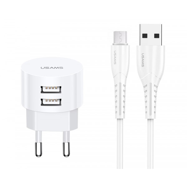 USAMS φορτιστής τοίχου T20 & καλώδιο Micro USB, 2x USB, 2.1A, λευκός Φορτιστές Κινητών