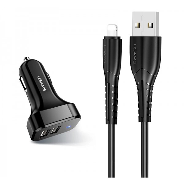USAMS φορτιστής αυτοκινήτου C13 & καλώδιο Lightning, 2x USB, 2.1A, μαύρο Φορτιστές Κινητών