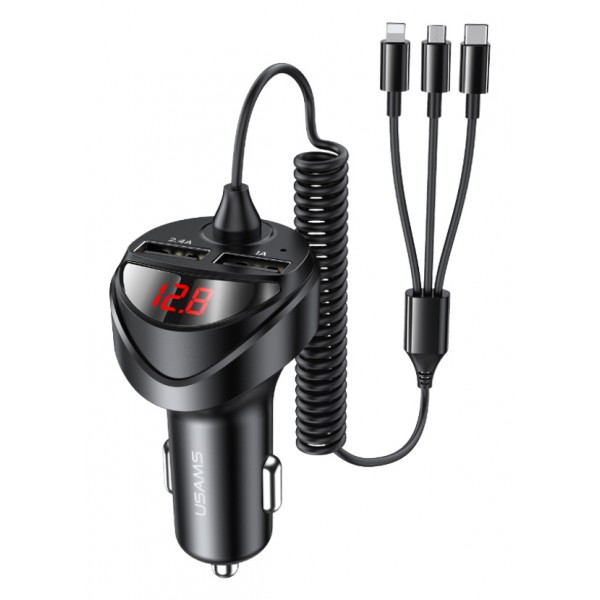 USAMS φορτιστής αυτοκινήτου C22 με καλώδιο 3 σε 1 & οθόνη, 3.4A, μαύρος Φορτιστές Κινητών