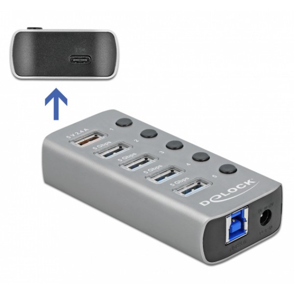 DELOCK USB hub με διακόπτες 63263, 5x USB & USB-C PD, 5Gbps, 2.4A, γκρι USB Hubs - Card Readers
