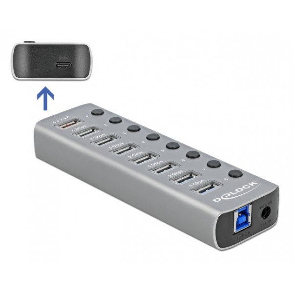 DELOCK USB hub με διακόπτες 63264, 8x USB & USB-C PD, 5Gbps, 2.4A, γκρι USB Hubs - Card Readers