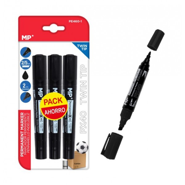 MP ανεξίτηλος μαρκαδόρος PE460-1, με 2x μύτες 2/5mm & 2mm, μαύρος, 3τμχ Γραφική Ύλη