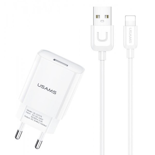 USAMS φορτιστής τοίχου T21OCLN01 με καλώδιο Lightning, USB 2.1A, λευκός Φορτιστές Κινητών