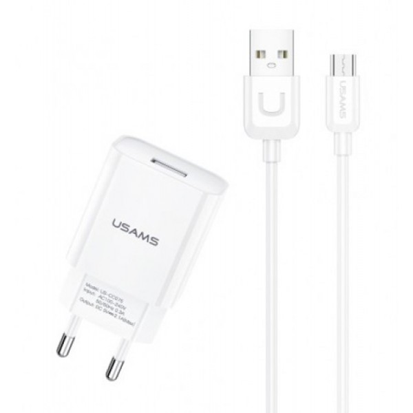 USAMS φορτιστής τοίχου T21OCMC01 με καλώδιο Micro USB, USB 2.1A, λευκός Φορτιστές Κινητών