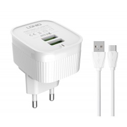 LDNIO φορτιστής τοίχου A201 με καλώδιο USB-C, 2x USB, 12W, λευκός Φορτιστές Κινητών