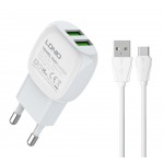 LDNIO φορτιστής τοίχου A2218 με καλώδιο USB-C, 2x USB, 12W, λευκός Φορτιστές Κινητών