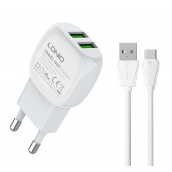 LDNIO φορτιστής τοίχου A2218 με καλώδιο USB-C, 2x USB, 12W, λευκός Φορτιστές Κινητών