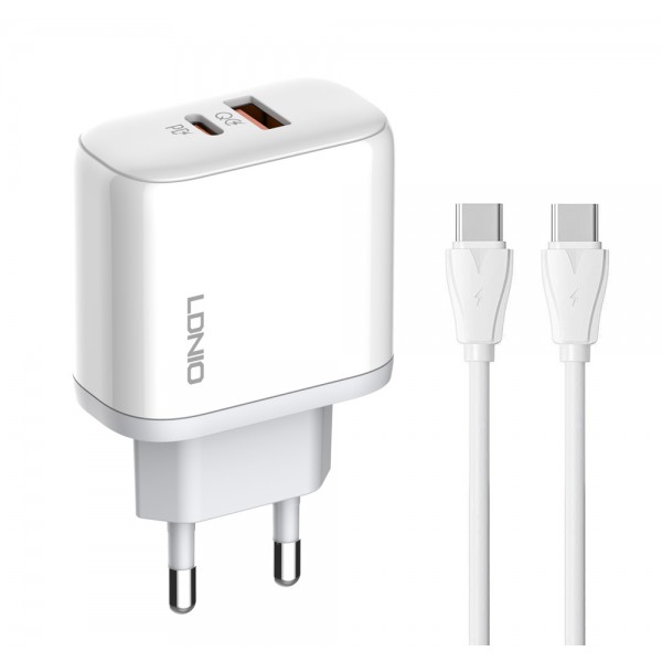 LDNIO φορτιστής τοίχου A2526C με καλώδιο, USB & USB-C, 45W PD, λευκός Φορτιστές Κινητών