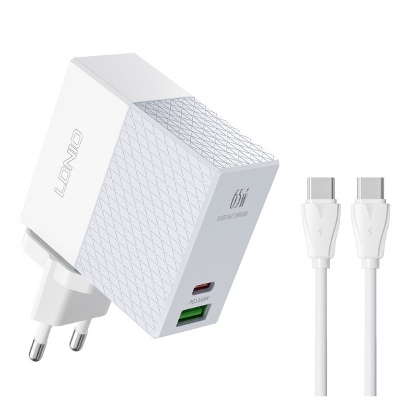 LDNIO φορτιστής τοίχου A2620C με καλώδιο, USB & USB-C, 65W PD, λευκός Φορτιστές Κινητών