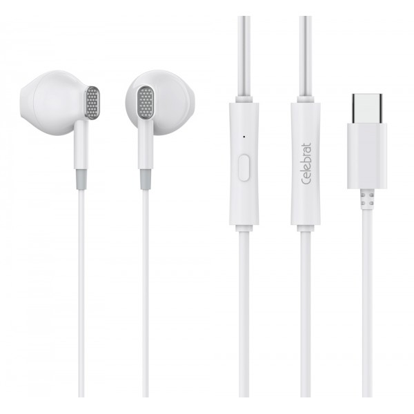 CELEBRAT earphones με μικρόφωνο D12, USB-C σύνδεση, Φ14.2mm, 1.2m, λευκά Ακουστικά - Bluetooth