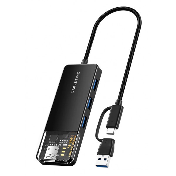 CABLETIME USB hub CT-HUBT3-PB, 4x θυρών, 5Gbps, USB/USB-C σύνδεση, μαύρο USB Hubs - Card Readers