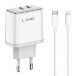 LDNIO φορτιστής τοίχου A2528M με καλώδιο, 2x USB-C, 35W, MFi, λευκό Φορτιστές Κινητών