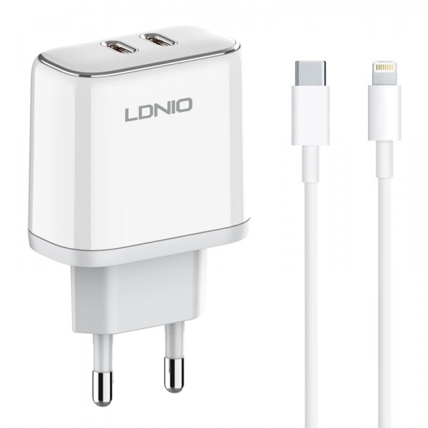 LDNIO φορτιστής τοίχου A2528M με καλώδιο, 2x USB-C, 35W, MFi, λευκό Φορτιστές Κινητών