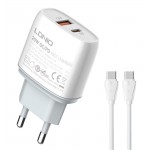 LDNIO φορτιστής τοίχου Q229 με καλώδιο, USB & USB-C, 20W PD, λευκός Φορτιστές Κινητών