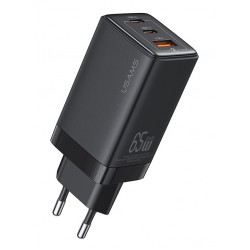 USAMS φορτιστής τοίχου US-CC180, USB & 2x USB-C, 65W PD, GaN, μαύρος Φορτιστές Κινητών