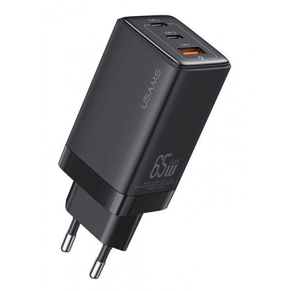 USAMS φορτιστής τοίχου US-CC180, USB & 2x USB-C, 65W PD, GaN, μαύρος Φορτιστές Κινητών