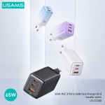 USAMS φορτιστής τοίχου US-CC180, USB & 2x USB-C, 65W PD, GaN, μαύρος Φορτιστές Κινητών