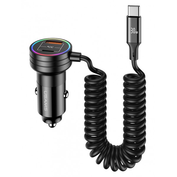 USAMS φορτιστής αυτοκινήτου US-CC167 με καλώδιο, USB/USB-C, 60W, μαύρος Φορτιστές Κινητών