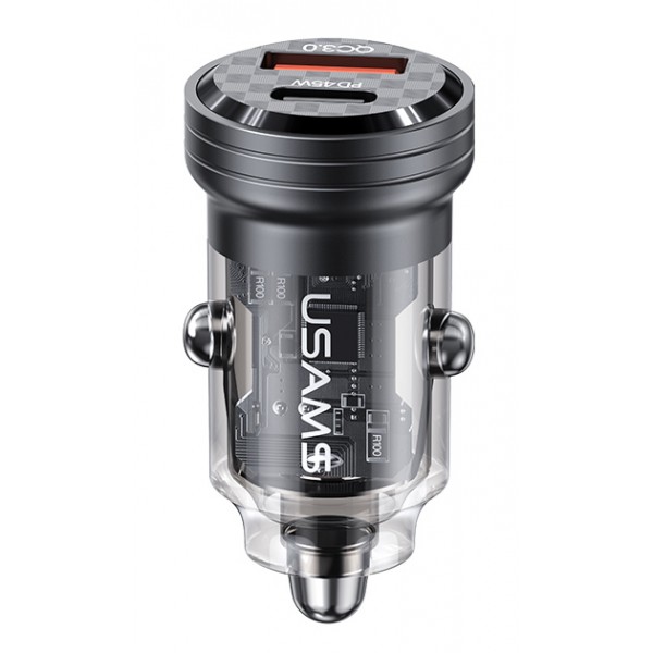 USAMS φορτιστής αυτοκινήτου US-CC175, USB & USB-C, 45W, QC & PD, μαύρος Φορτιστές Κινητών