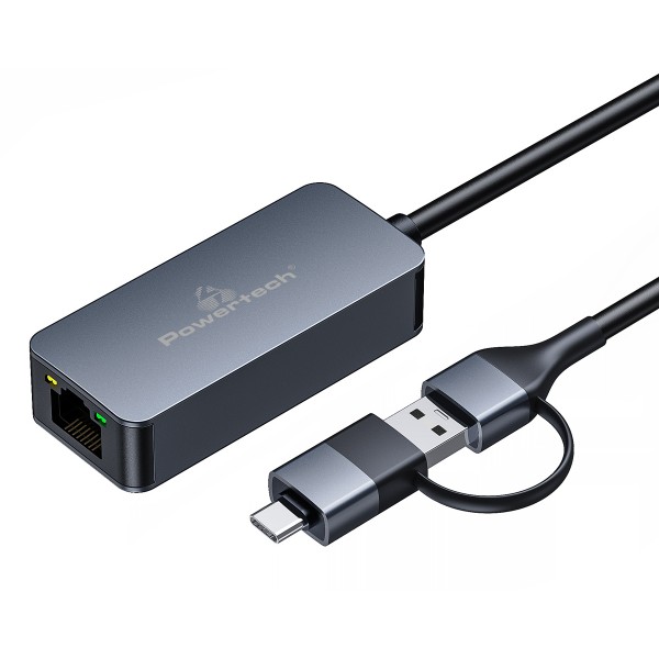 POWERTECH αντάπτορας δικτύου PTR-0149, USB & USB-C, 1000 Mbps, γκρι Κάρτες Δικτύου - USB Dongles