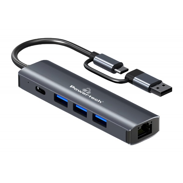 POWERTECH USB hub PTR-0150 με θύρα δικτύου, 4 θυρών, USB & USB-C, γκρι Κάρτες Δικτύου - USB Dongles