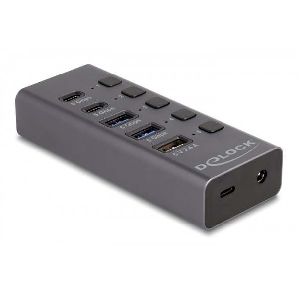 DELOCK USB hub 64248 με διακόπτες, 5x θυρών, 5Gbps, USB/USB-C σύνδεση, γκρι USB Hubs - Card Readers