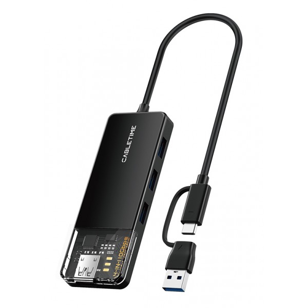CABLETIME USB hub CT-HUBT5-PB, 4x θυρών, 10Gbps, USB/USB-C σύνδεση, μαύρο USB Hubs - Card Readers