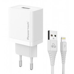 POWERTECH φορτιστής τοίχου PT-1323 με καλώδιο Lightning, USB, 12W, λευκός Φορτιστές Κινητών