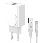 POWERTECH φορτιστής τοίχου PT-1324 με καλώδιο USB-C, 2x USB, 12W, λευκός Φορτιστές Κινητών