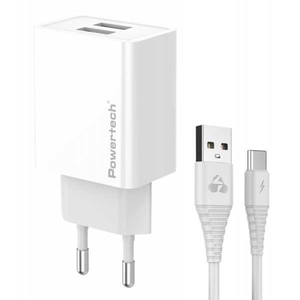 POWERTECH φορτιστής τοίχου PT-1324 με καλώδιο USB-C, 2x USB, 12W, λευκός Φορτιστές Κινητών
