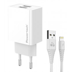 POWERTECH φορτιστής τοίχου PT-1325 με καλώδιο Lightning, 2x USB, 12W, λευκός Φορτιστές Κινητών