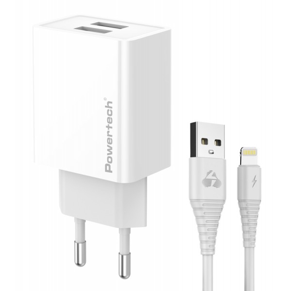 POWERTECH φορτιστής τοίχου PT-1325 με καλώδιο Lightning, 2x USB, 12W, λευκός Φορτιστές Κινητών