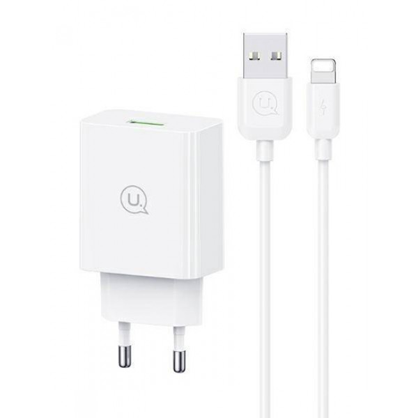 USAMS φορτιστής τοίχου SCXLTZ03 με καλώδιο Lightning, USB, 18W, λευκός Φορτιστές Κινητών