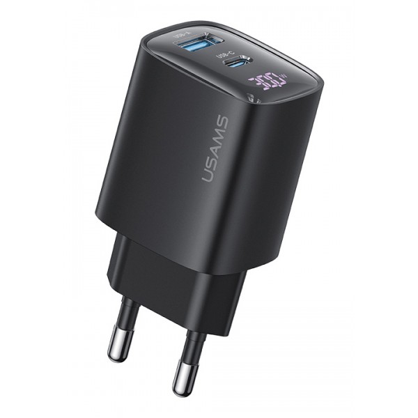 USAMS φορτιστής τοίχου US-CC229, USB & USB-C, 30W, GaN, μαύρος Φορτιστές Κινητών