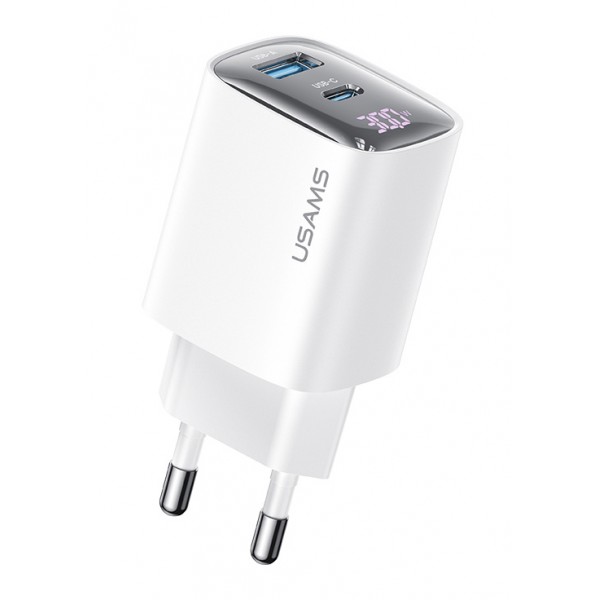 USAMS φορτιστής τοίχου US-CC229, USB & USB-C, 30W, GaN, λευκός Φορτιστές Κινητών