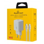 POWERTECH φορτιστής τοίχου PT-1351 με καλώδιο, USB/USB-C, 36W, GaN, λευκός Φορτιστές Κινητών