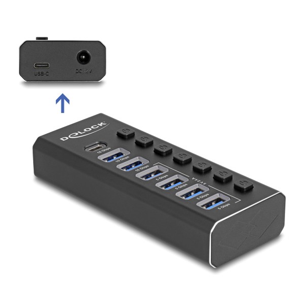 DELOCK USB hub 64326 με διακόπτες, 7x θυρών, 10Gbps, USB/USB-C σύνδεση, μαύρο USB Hubs - Card Readers