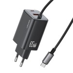 USAMS φορτιστής τοίχου CC266 με καλώδιο, USB & USB-C, 65W, GaN, μαύρος Φορτιστές Κινητών
