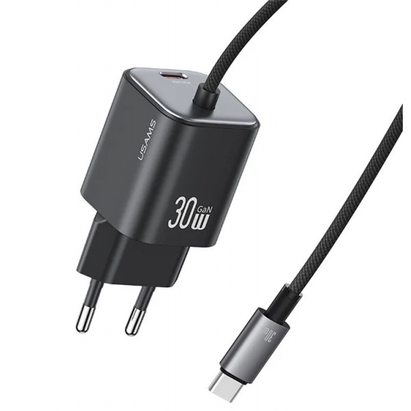 USAMS φορτιστής τοίχου CC264 με καλώδιο, USB-C, 30W, GaN, μαύρος Φορτιστές Κινητών