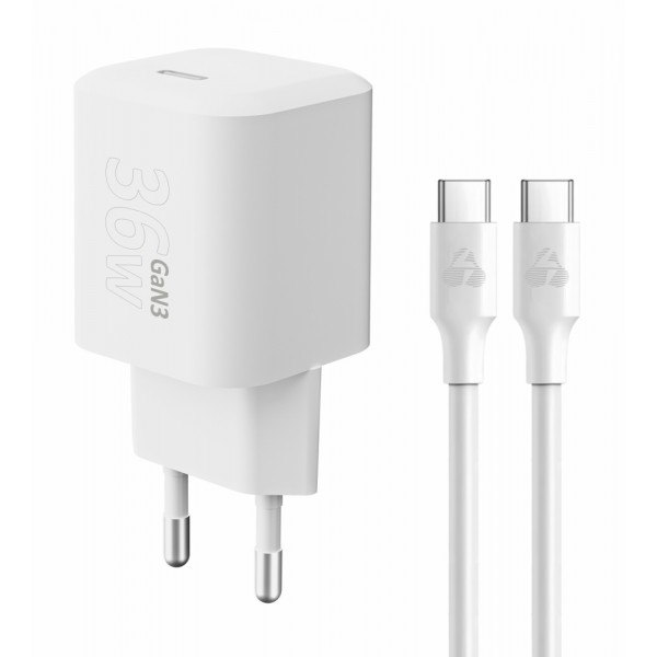 POWERTECH φορτιστής τοίχου PT-1350 με καλώδιο, USB-C, 36W, GaN, λευκός Φορτιστές Κινητών