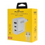 POWERTECH φορτιστής τοίχου PT-1378 με καλώδιο, USB/2x USB-C, 65W, GaN, λευκός Φορτιστές Κινητών