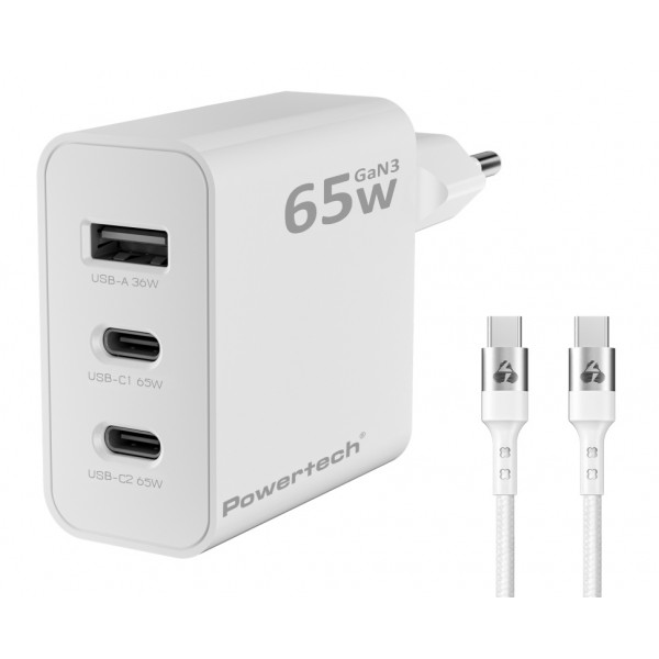 POWERTECH φορτιστής τοίχου PT-1378 με καλώδιο, USB/2x USB-C, 65W, GaN, λευκός Φορτιστές Κινητών