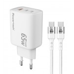 POWERTECH φορτιστής τοίχου PT-1415 με καλώδιο, USB/2x USB-C, 65W, GaN, λευκός Φορτιστές Κινητών