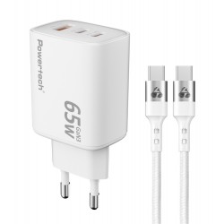 POWERTECH φορτιστής τοίχου PT-1415 με καλώδιο, USB/2x USB-C, 65W, GaN, λευκός Φορτιστές Κινητών