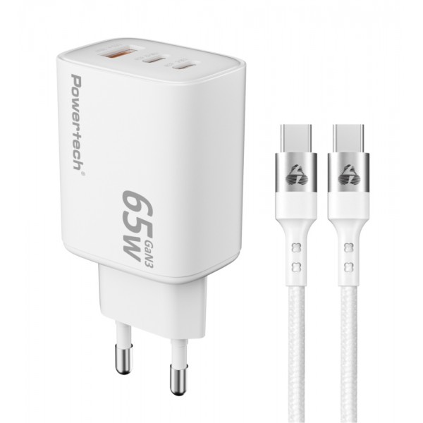 POWERTECH φορτιστής τοίχου PT-1415 με καλώδιο, USB/2x USB-C, 65W, GaN, λευκός Φορτιστές Κινητών